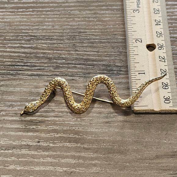 Vintage Gold Slithering Snake Brooch with Rhinestone Eyes - Picture 3 of 5